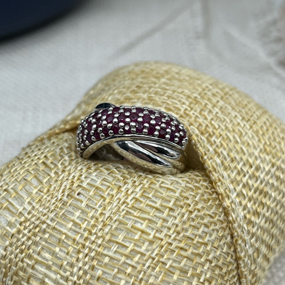 Vintage Estate Sterling Silver Wide Band Ring, Ruby Color Stones Size 5.75 - Picture 10 of 15